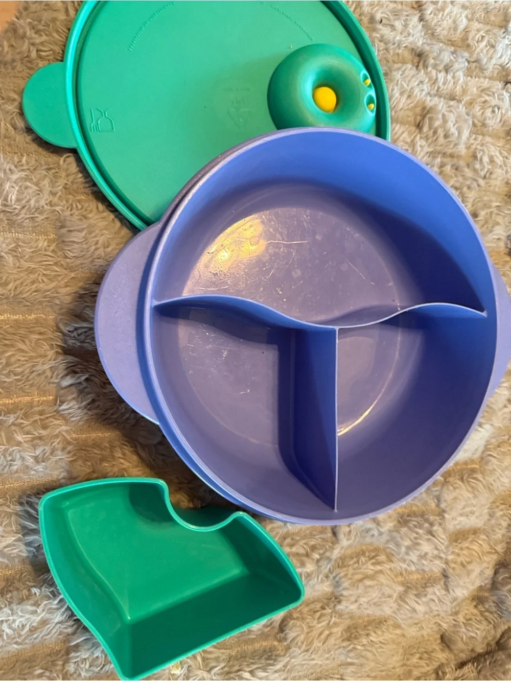 Vintage Tupperware Divided Snack Plate with Lid in Teal, Purple & Yellow